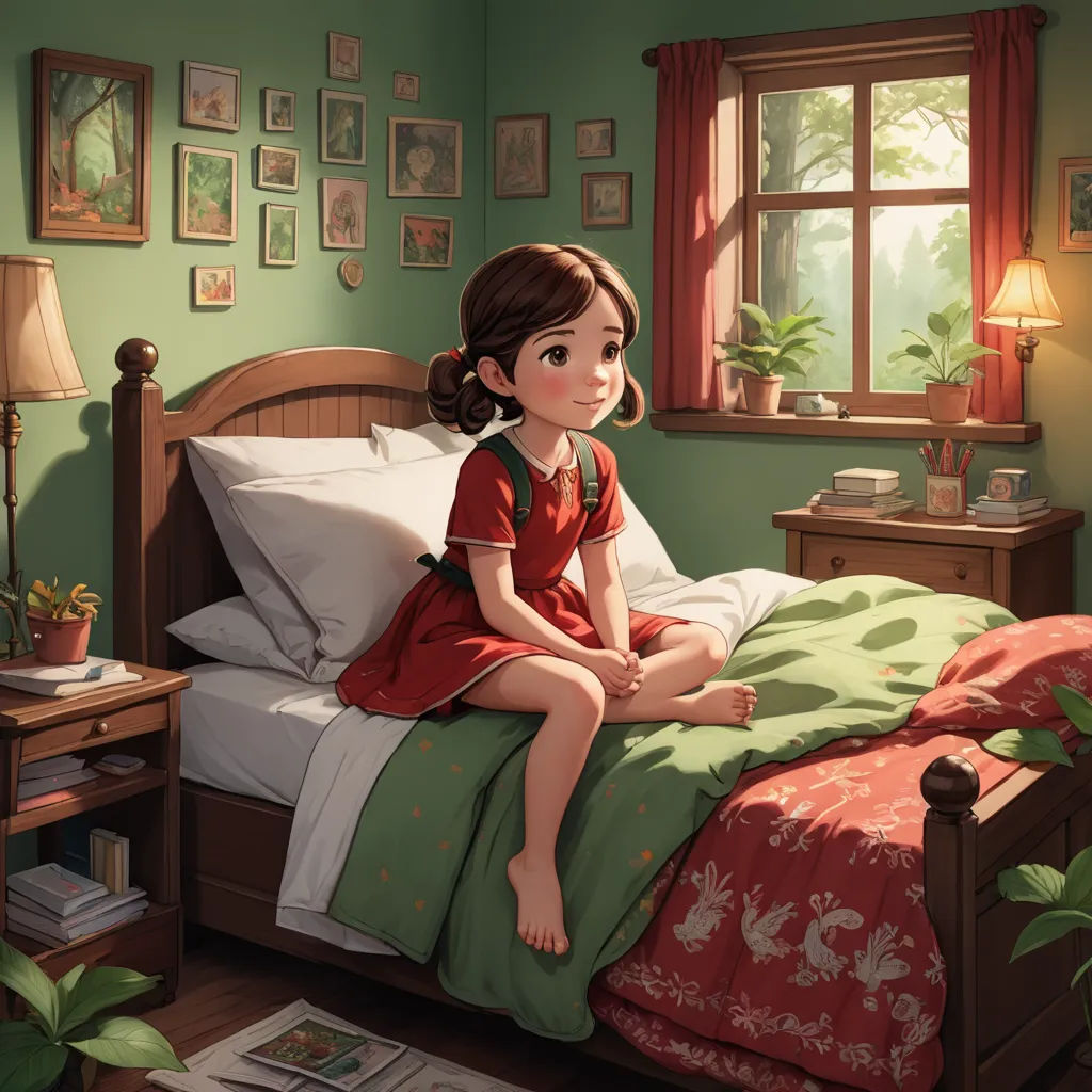 a girl sitting on a bed in a green room with a window and a lamp on the side of the bed, photorealism, a storybook illustration, Chen Chun, rossdraws global illumination