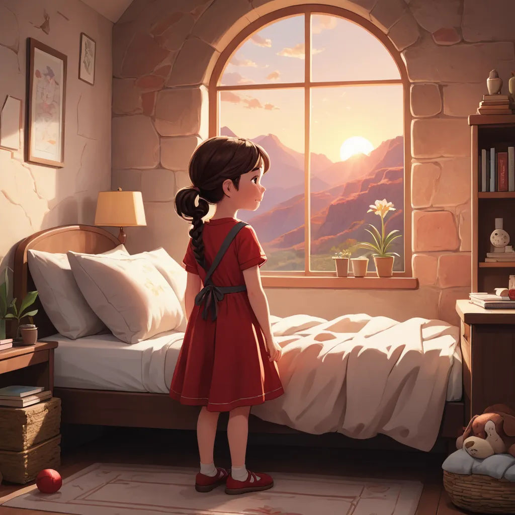 a little girl standing in front of a window looking out at a mountain landscape and a bed with a teddy bear, magic realism, a storybook illustration, Atey Ghailan, rossdraws global illumination