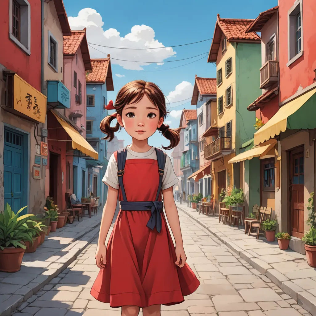 a girl in a red dress is walking down a street with buildings in the background and a blue sky, art & language, a storybook illustration, Chen Hong, cgstudio