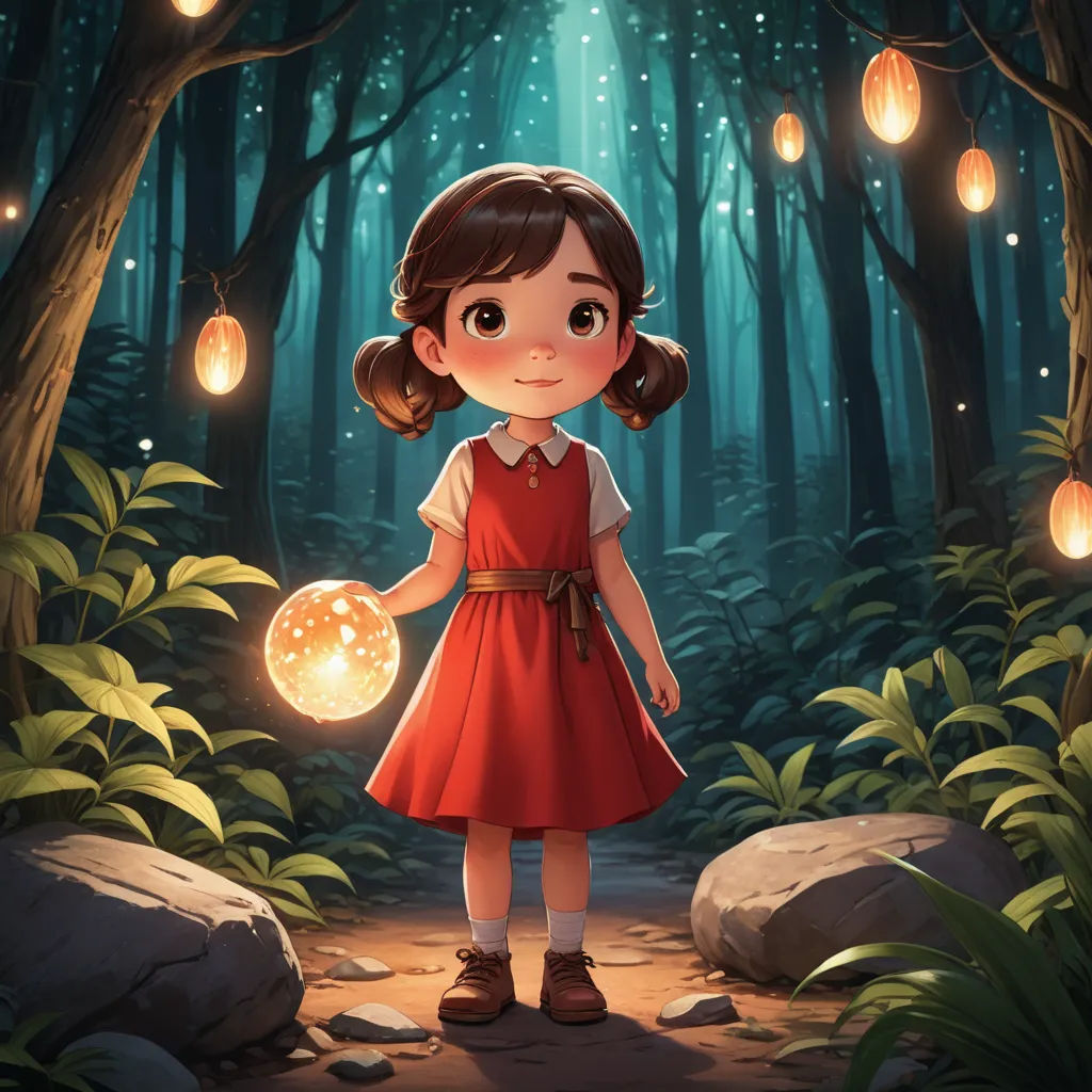 a girl in a red dress holding a glowing orb in a forest with lanterns hanging from the trees and rocks, magical realism, a storybook illustration, Alice Prin, rossdraws global illumination