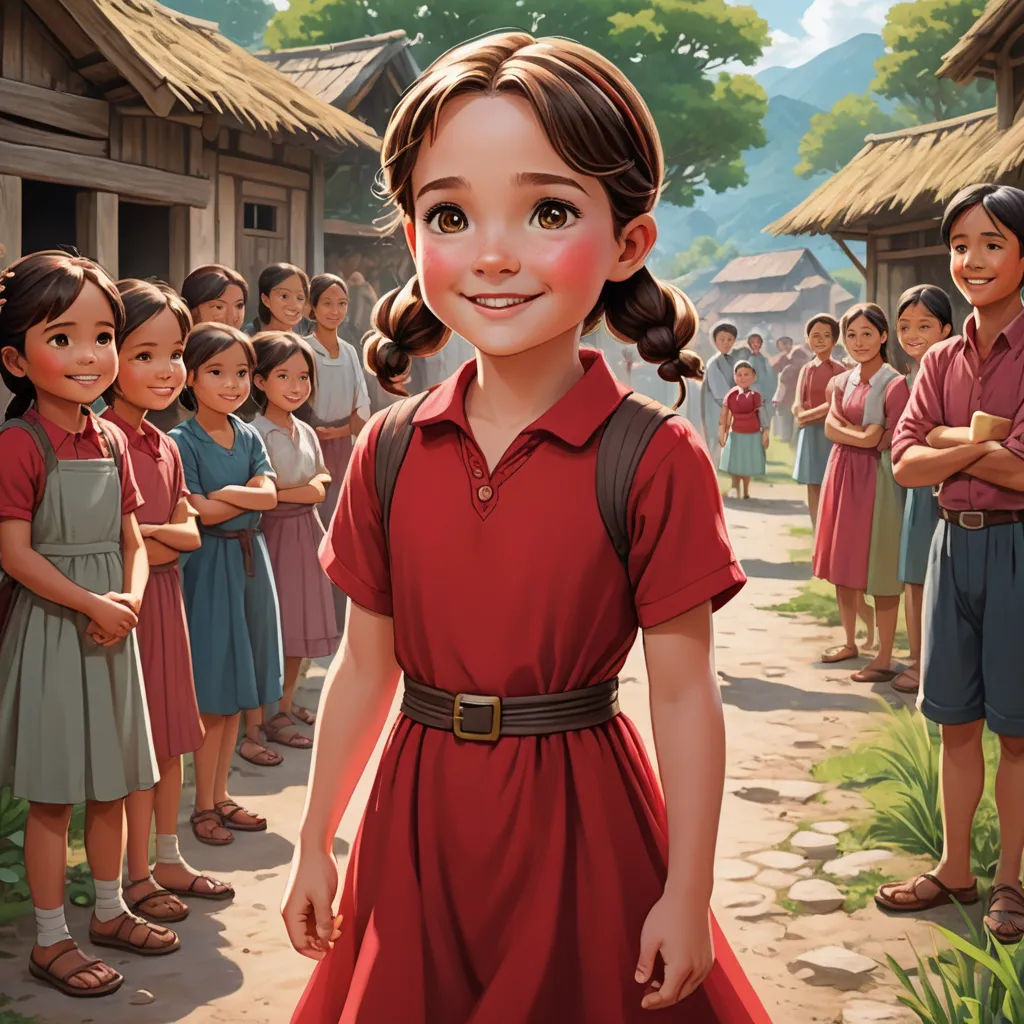 a painting of a girl in a red dress standing in front of a group of children in a village, socialist realism, a storybook illustration, Bob Byerley, official art