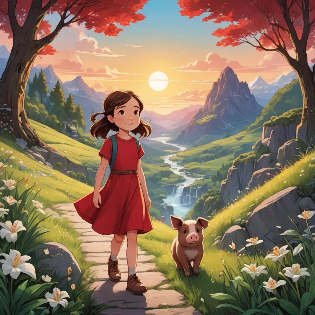 a girl in a red dress is standing on a path with a pig in the grass and a mountain in the background, sots art, a storybook illustration, Elinor Proby Adams, official art