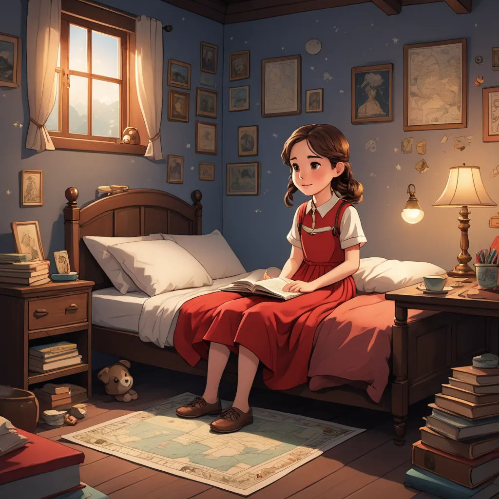 a girl sitting on a bed reading a book in a room with a lot of pictures on the walls, magic realism, a storybook illustration, Clarice Beckett, rossdraws global illumination