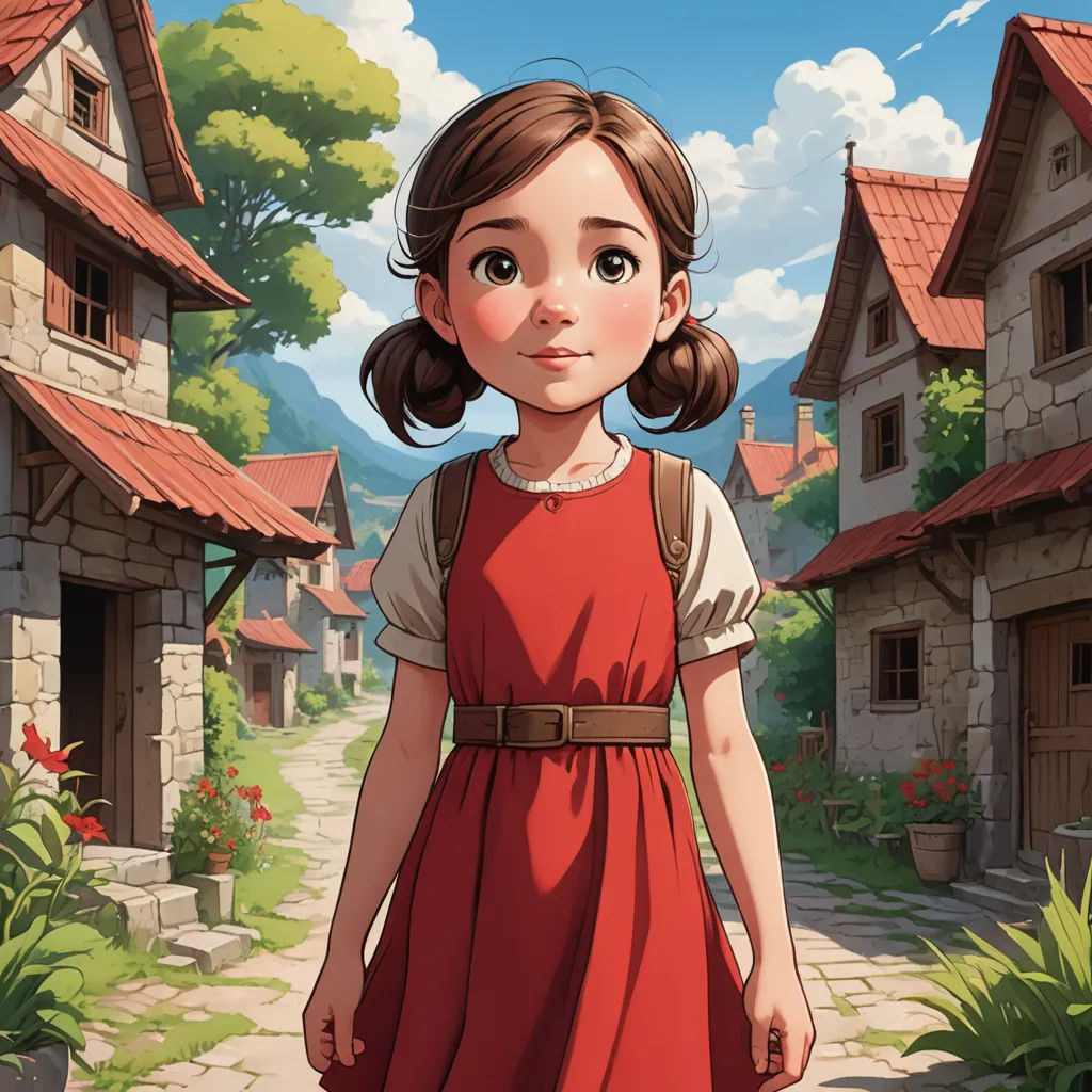a girl in a red dress is standing in front of a village with a red roof and a red bricked building, magical realism, a storybook illustration, Claire Falkenstein, storybook illustration
