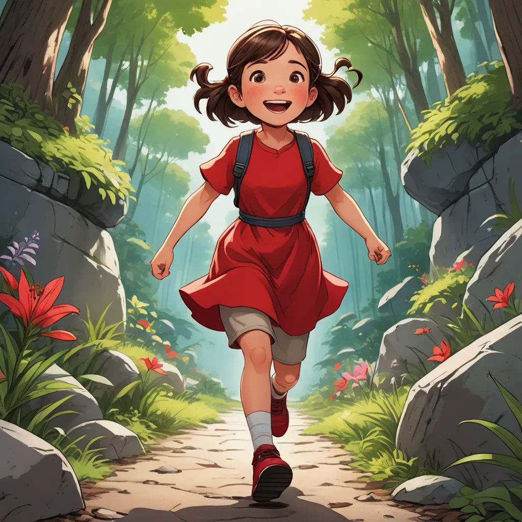 a girl in a red dress is running through a forest with rocks and flowers on the ground and a path leading to a forest with red flowers, environmental art, a storybook illustration, Anne Said, official art