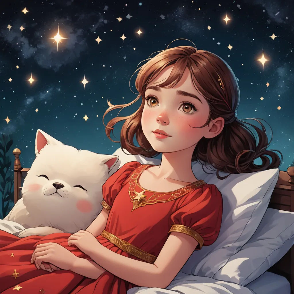 a girl in a red dress laying in bed with a cat on her lap and stars in the sky, space art, a storybook illustration, Anna Dittmann, storybook illustration