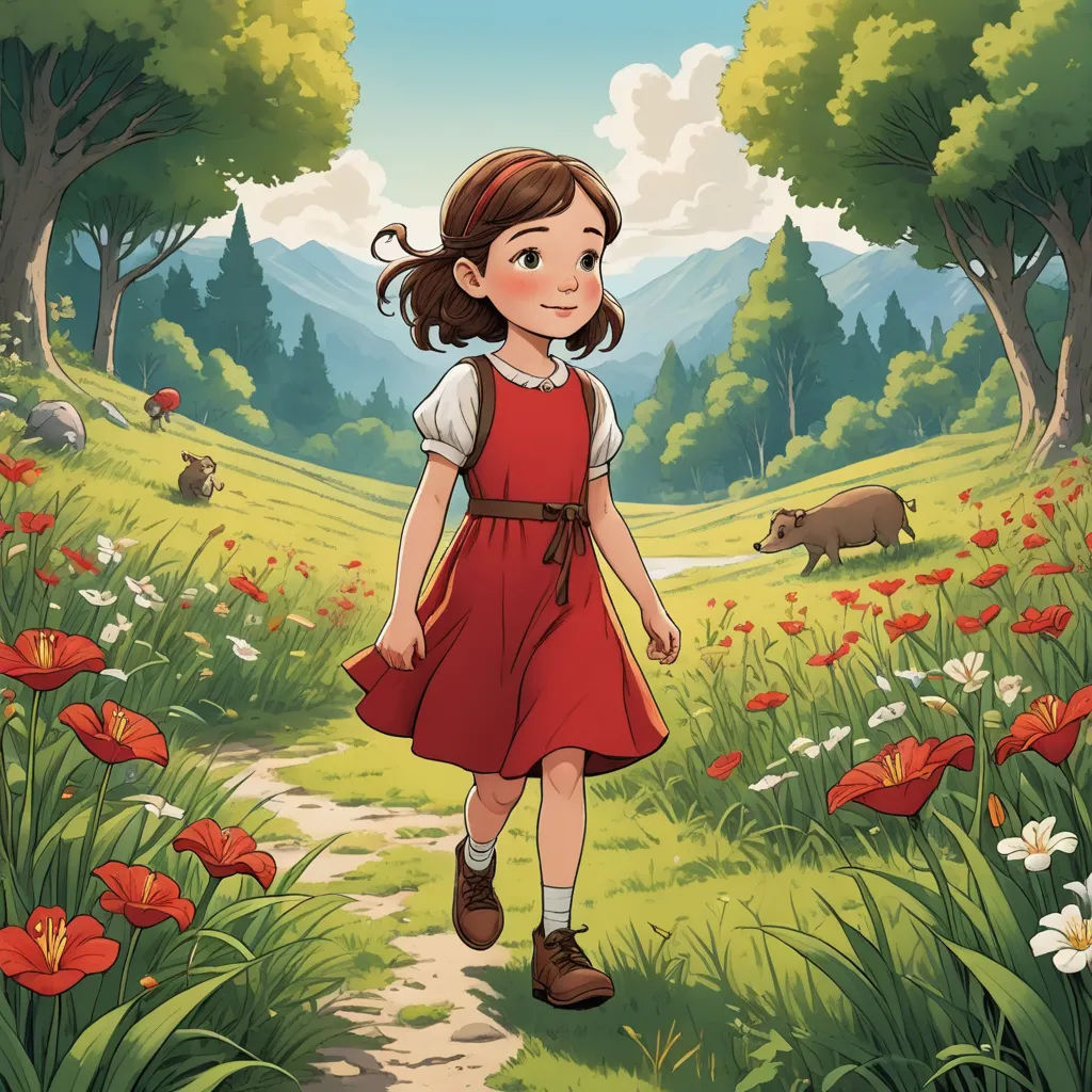 a girl in a red dress walking through a field of flowers and trees with a bear in the background, magical realism, a storybook illustration, Clarice Beckett, promotional image