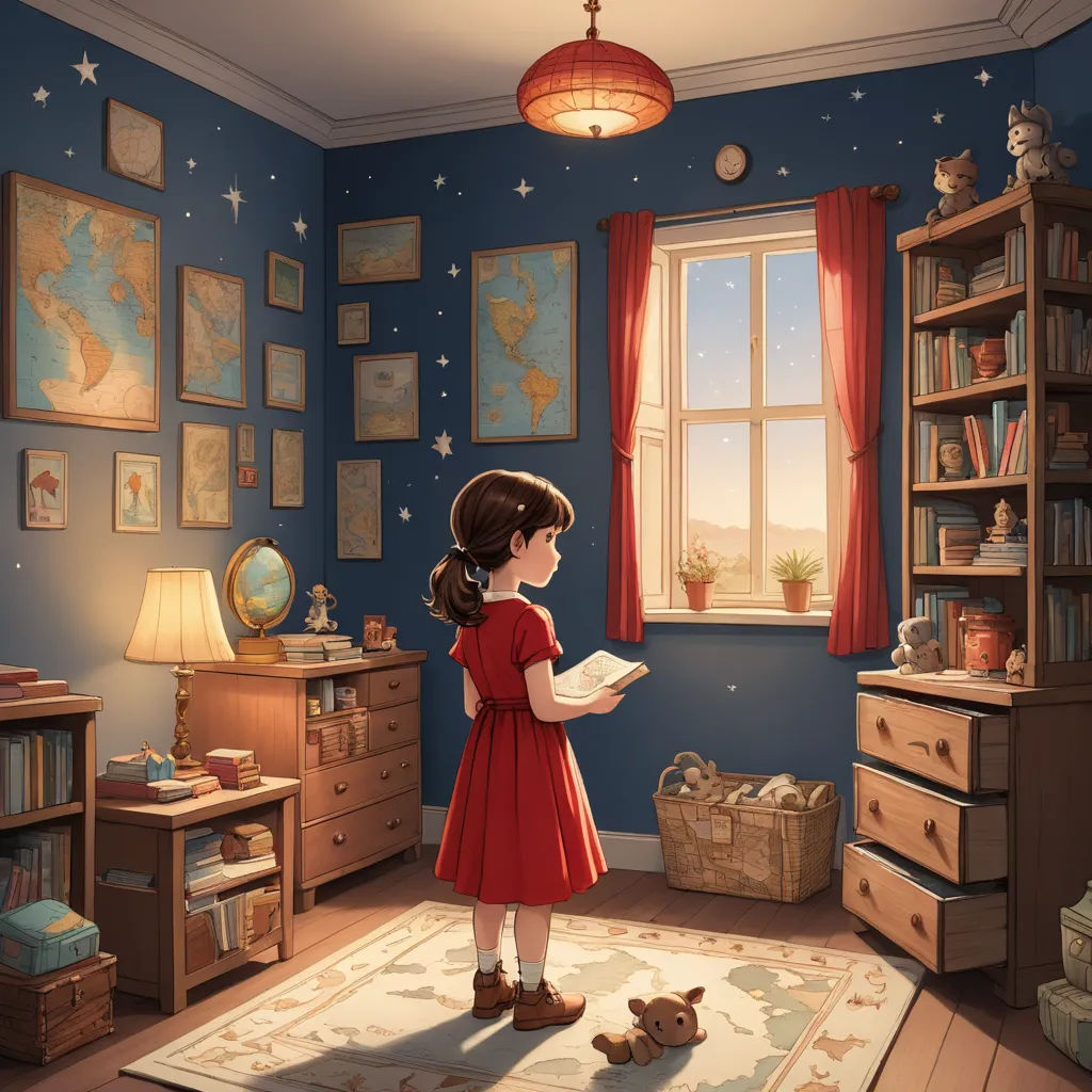 a little girl standing in a room with a book in her hand and a teddy bear on the floor, magical realism, a storybook illustration, Atey Ghailan, storybook illustration