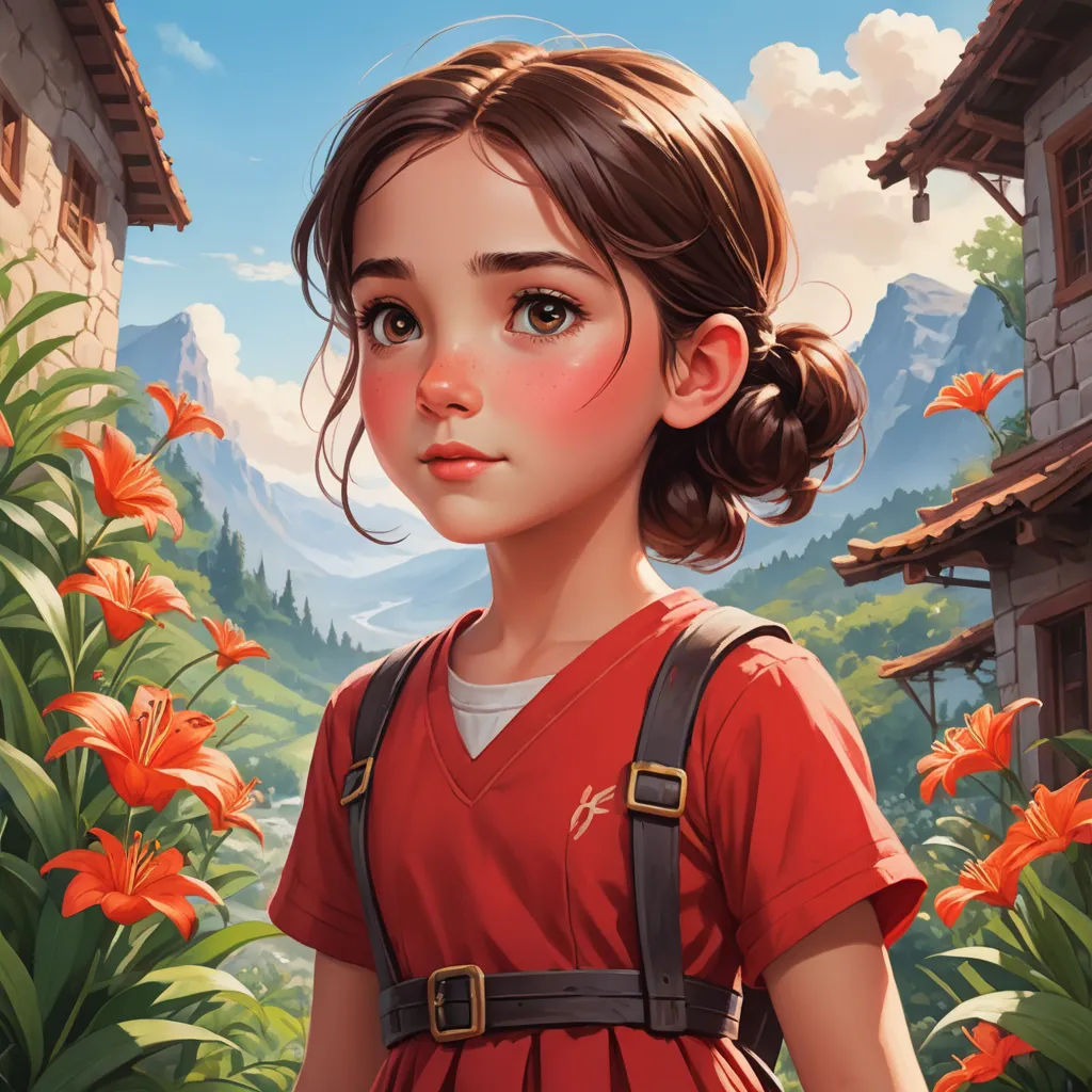 a painting of a girl in a red dress standing in front of a house with flowers in the foreground, fantasy art, a detailed painting, Artgerm, stanley artgerm lau