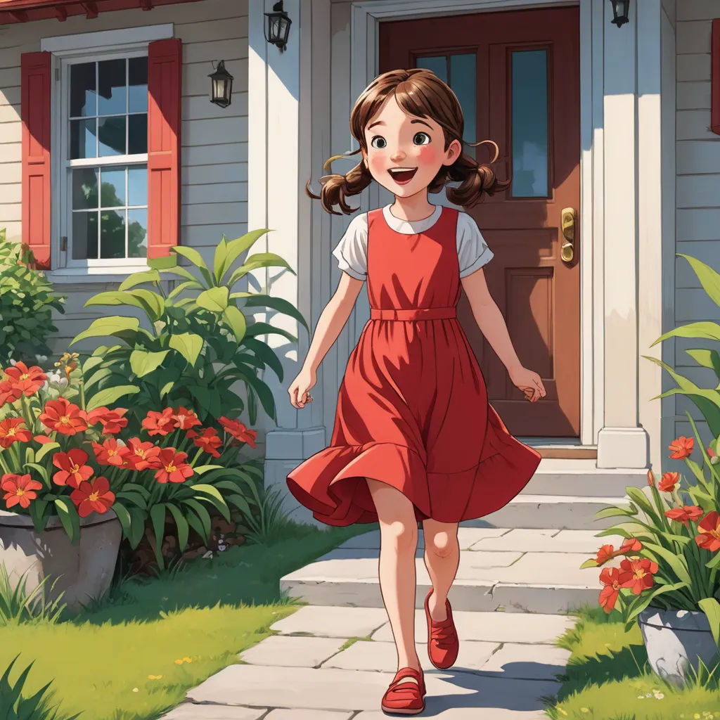 a girl in a red dress is walking towards a house with flowers in the yard and a red door, american scene painting, a storybook illustration, Colin Middleton, official art