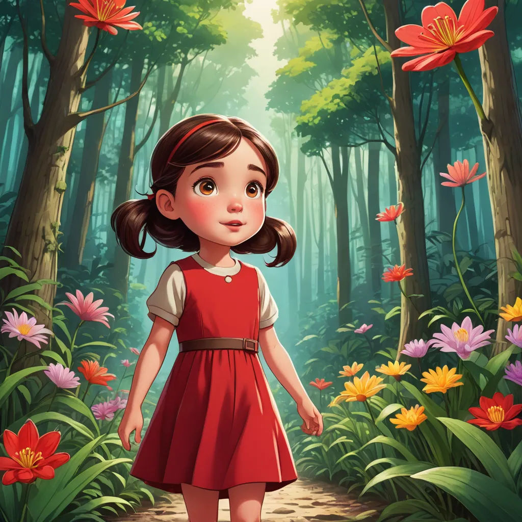 a girl in a red dress walking through a forest with flowers on the ground and a sunbeam in the background, magical realism, a storybook illustration, Alice Prin, promotional image