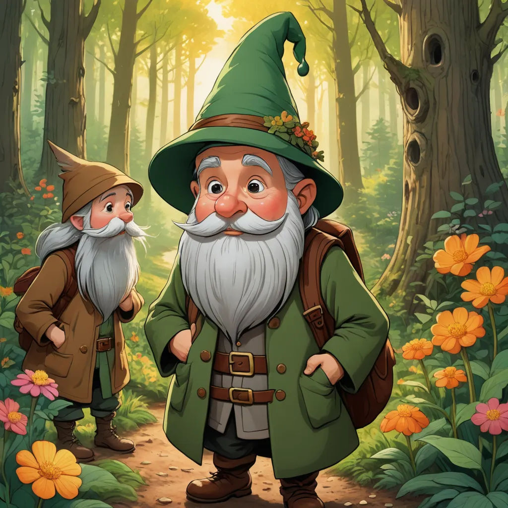 a cartoon of two gnomes in a forest with flowers and trees in the background, one with a green hat and the other with a brown coat, fantasy art, a storybook illustration, Brothers Hildebrandt, game art