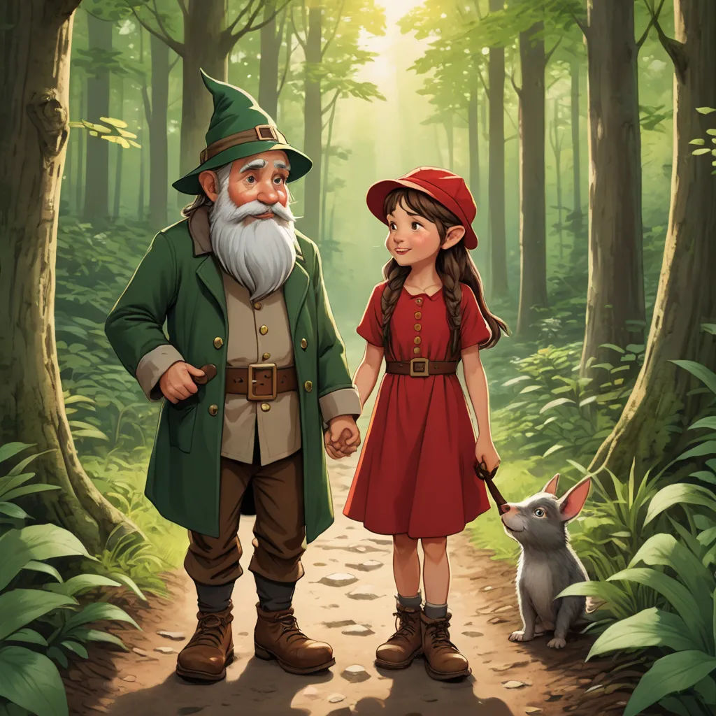 a painting of a little girl and a gnome walking in the woods with a dog on a leash and a forest path, fantasy art, a storybook illustration, Bob Byerley, official art