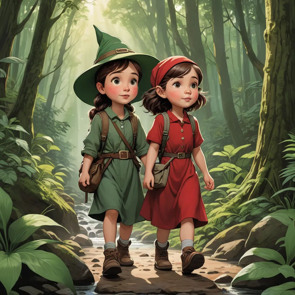 two children walking in the woods with a stream in the foreground and a forest in the background, with a stream running through the woods, fantasy art, a storybook illustration, Andreas Rocha, cushart krenz