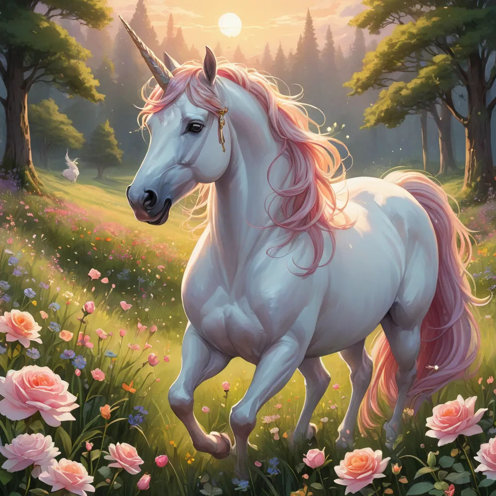 a unicorn is standing in a field of flowers and trees with a bird in the background and a sun in the sky, fantasy art, an ultrafine detailed painting, Anne Stokes, magic the gathering artwork