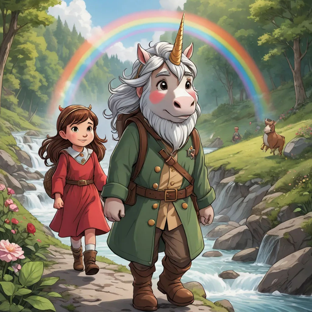 a girl and a unicorn walking in the woods with a rainbow in the background and a stream running through the woods, magical realism, a storybook illustration, Diego Gisbert Llorens, promotional image