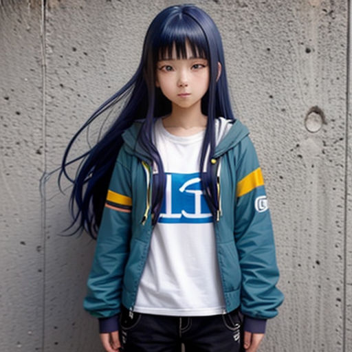 a girl with long hair standing in front of a wall wearing a jacket and jeans with a number on it