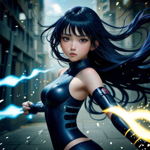 a woman in a black outfit holding a light saber in her hand and a city street in the background