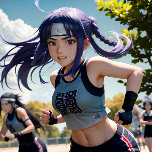 a group of anime girls running around a field with trees in the background and a sky background with clouds