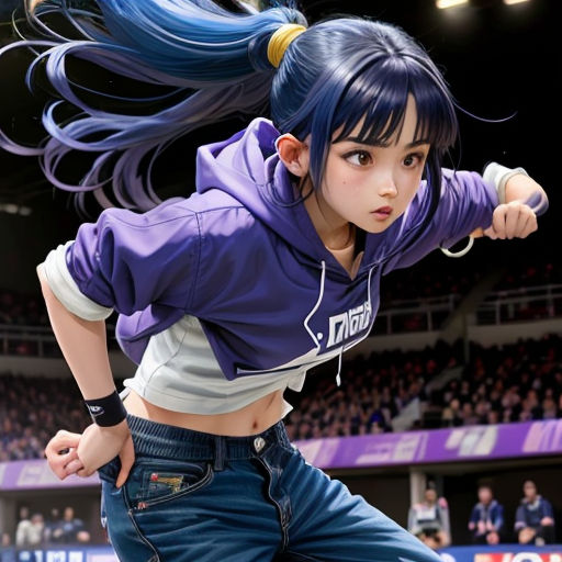 a girl with blue hair is playing a game of tennis in a stadium with a crowd watching her and her arms stretched out