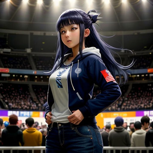 a woman with long hair standing in front of a crowd of people in a stadium with a stadium lights