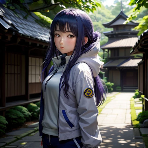 a woman with long purple hair standing in front of a building with a pagoda in the background and trees