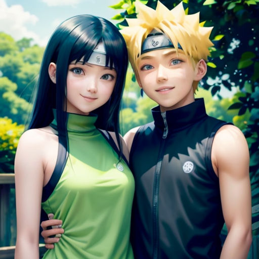 a couple of people standing next to each other in front of trees and bushes with a sky background and trees