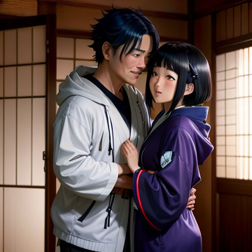 a man and woman are standing together in a room with a window and a door behind them, and a woman is hugging her chest