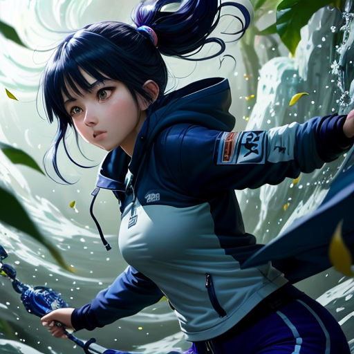 a woman with a sword in a painting style with leaves and water in the background and a green leafy background