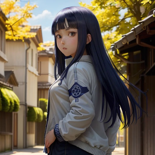 a girl with long black hair standing on a street corner in front of a row of houses with trees