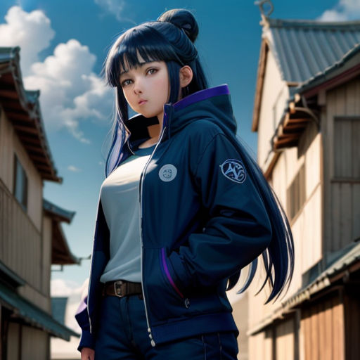 a woman standing in front of a row of houses wearing a blue jacket and jeans with a ponytail in her hair
