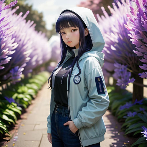a woman standing in front of purple flowers wearing a hoodie and jeans and a black top with a hood
