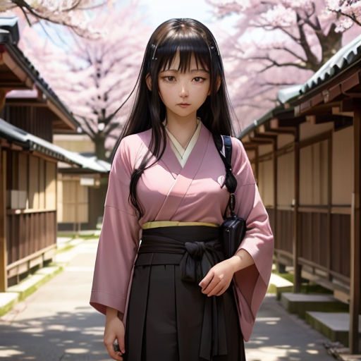 a woman in a pink and black outfit standing in front of a tree with pink blossoms on it and a pink sky