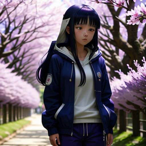 a woman standing in front of a tree filled with pink flowers in a park with a walkway lined with trees