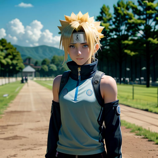 a woman with a ponytail and a blue shirt is standing on a dirt road in front of a field