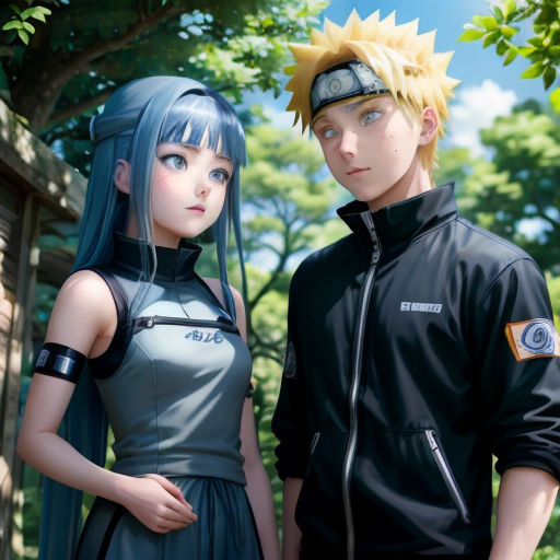 a man and a woman standing next to each other in front of trees and bushes, with a sky background