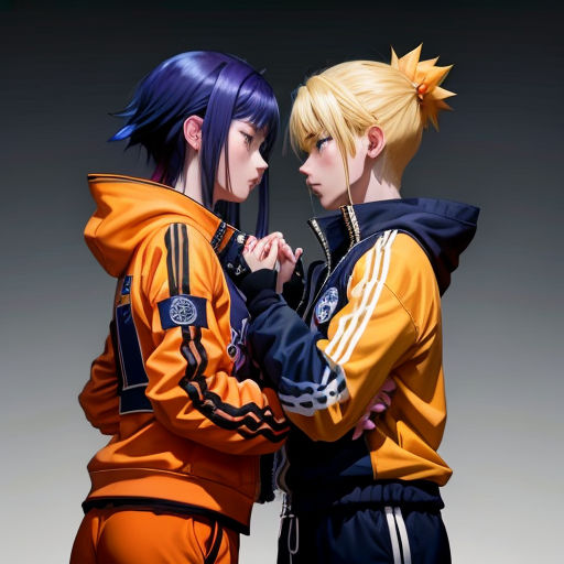 two anime characters are standing next to each other, one is touching the other's hand and the other is touching his hand