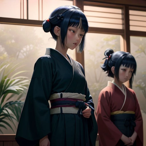 two women in traditional japanese dress standing in front of a window with a plant in the background and a wall with a painting behind them