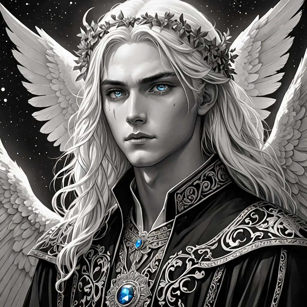 a man with long hair and blue eyes wearing a crown and wings on his head, with a star in the background, gothic art, a character portrait, Fabien Charuau, epic fantasy character art