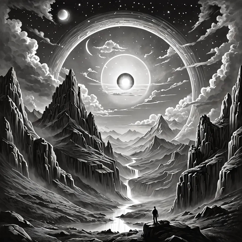 a painting of a man standing on a mountain looking at the moon in the sky above him and mountains below, psychedelic art, an ultrafine detailed painting, Dan Hillier, caustics