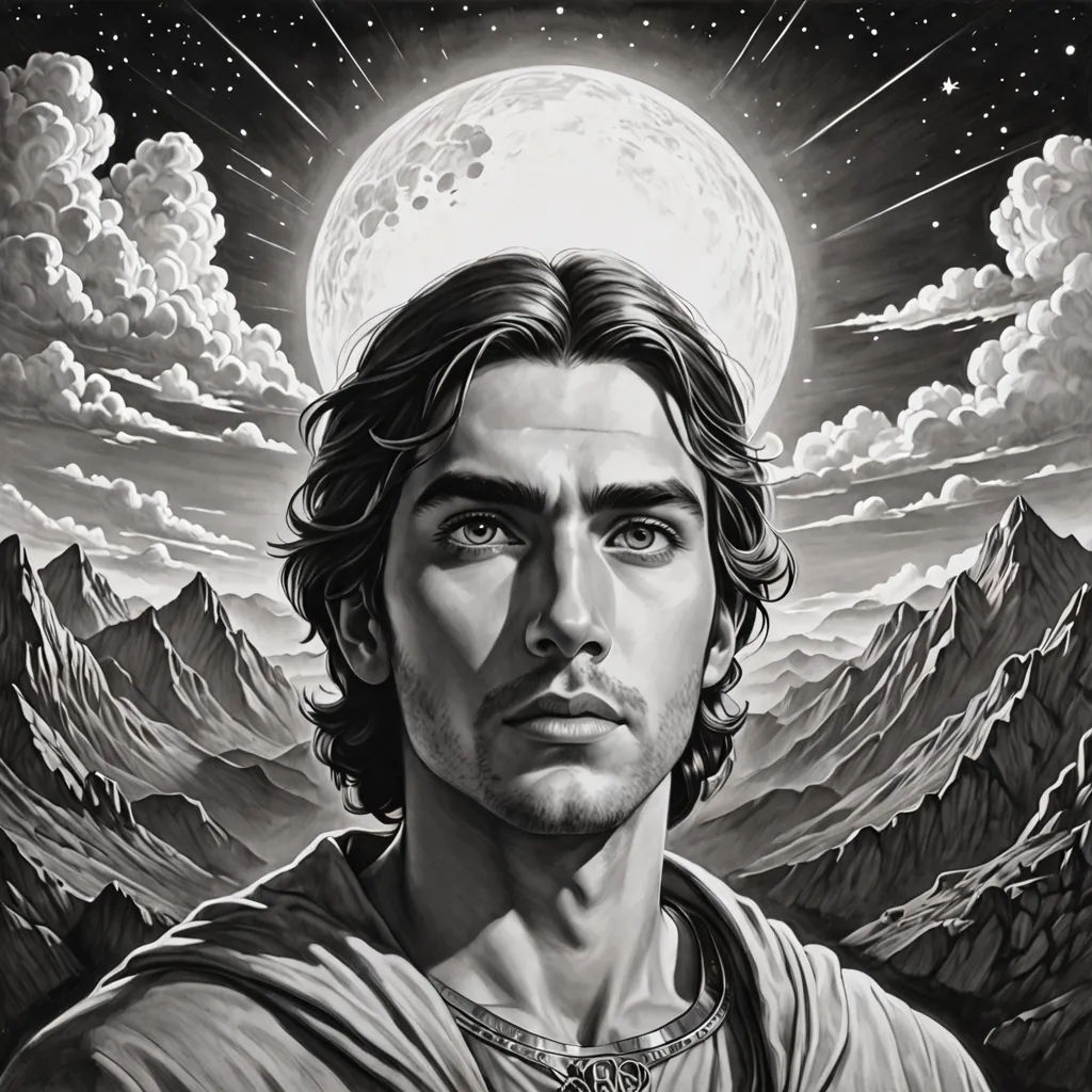 a man with a beard and a moon in the background is shown in this black and white painting of a man with a beard, pre-raphaelitism, an ultrafine detailed painting, Evelyn De Morgan, highly detailed digital painting