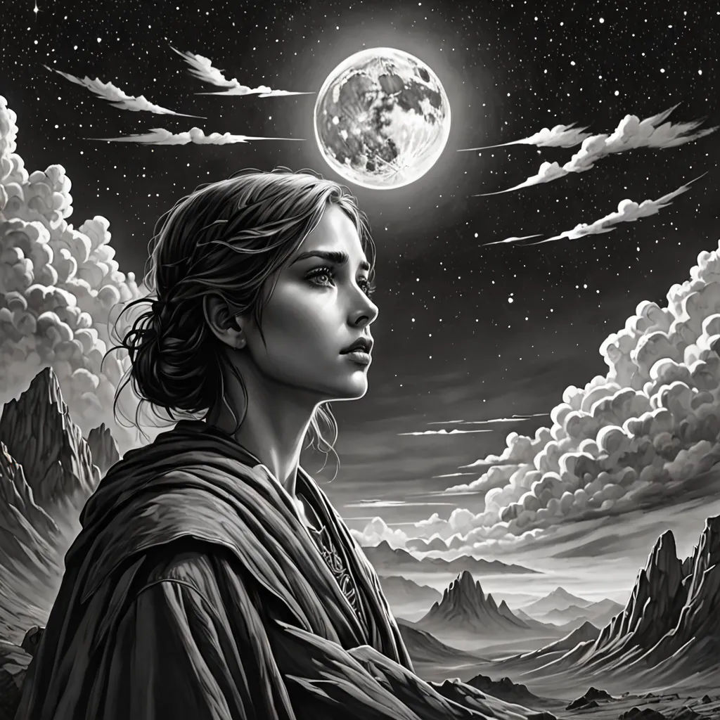 a woman standing in front of a full moon with clouds and mountains in the background, with a sky full of stars and clouds, fantasy art, an ultrafine detailed painting, Brad Kunkle, highly detailed digital painting