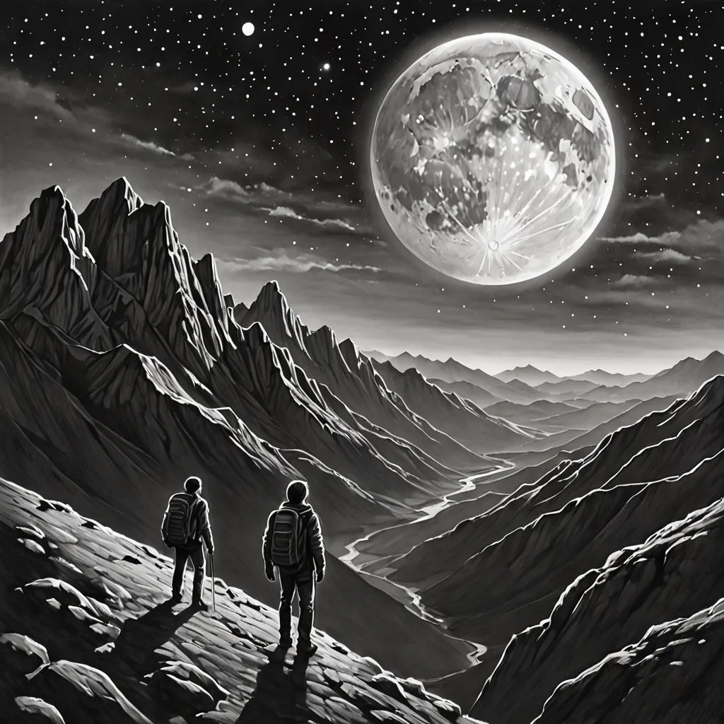 two people standing on a mountain looking at the moon in the sky above them is a mountain range with a full moon in the sky, psychedelic art, an ultrafine detailed painting, Dan Hillier, promotional image