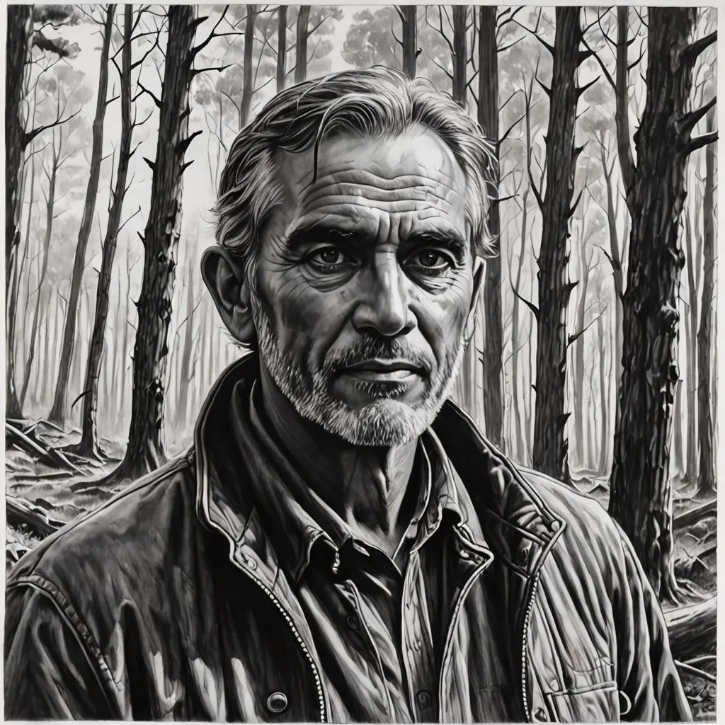a drawing of a man in a forest with trees in the background and a black and white photo of him, hyperrealism, an ultrafine detailed painting, Arie Smit, detailed portrait