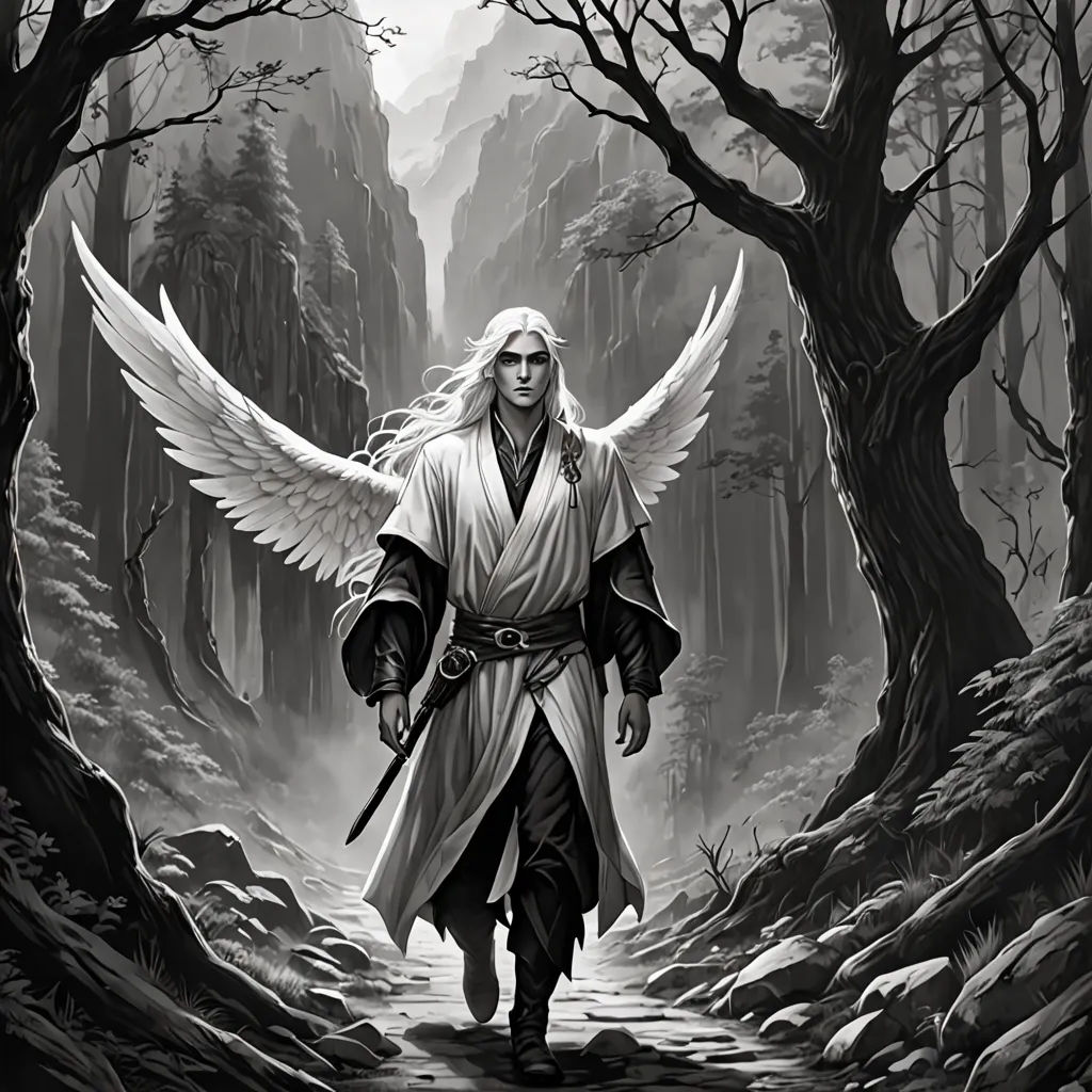 a man with wings walking through a forest with trees and rocks on either side of him, with a sword in his hand, fantasy art, an ultrafine detailed painting, Art of Brom, magic the gathering artwork
