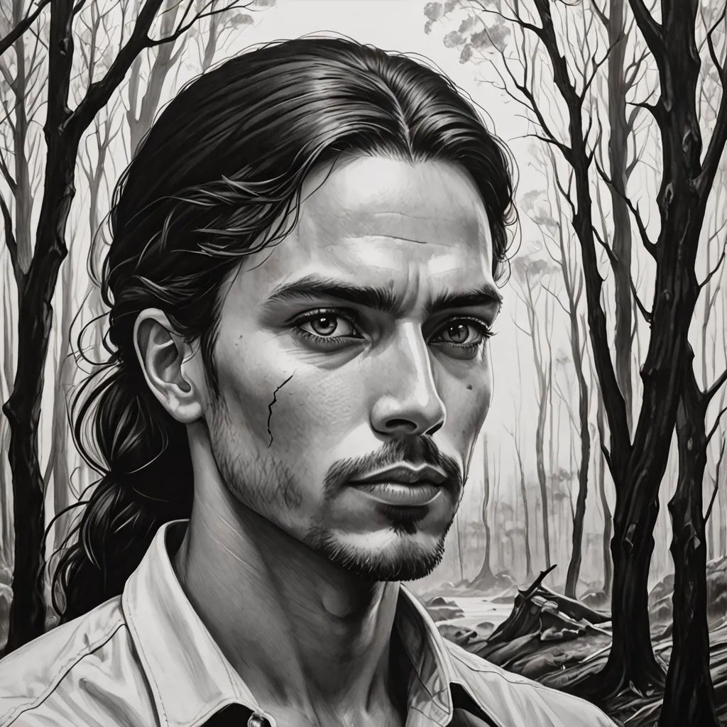 a drawing of a man with long hair and a beard in a forest with trees and branches, with a man with a beard and a beard, figurative art, a character portrait, Aaron Jasinski, dnd character art portrait
