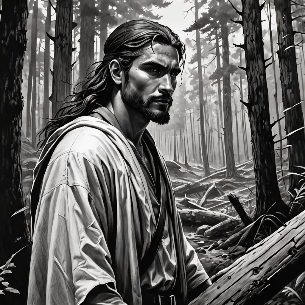 a man with long hair and a beard standing in the woods with a sword in his hand and a forest behind him, gothic art, an ultrafine detailed painting, David Palumbo, epic fantasy character art