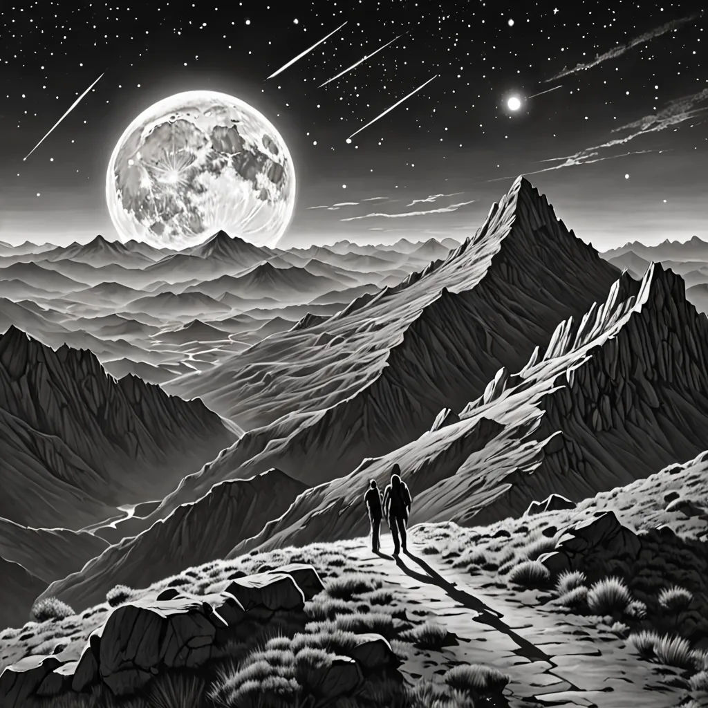 a couple of people standing on top of a mountain under a full moon sky with stars and a moon, psychedelic art, a detailed matte painting, David A Hardy, detailed illustration