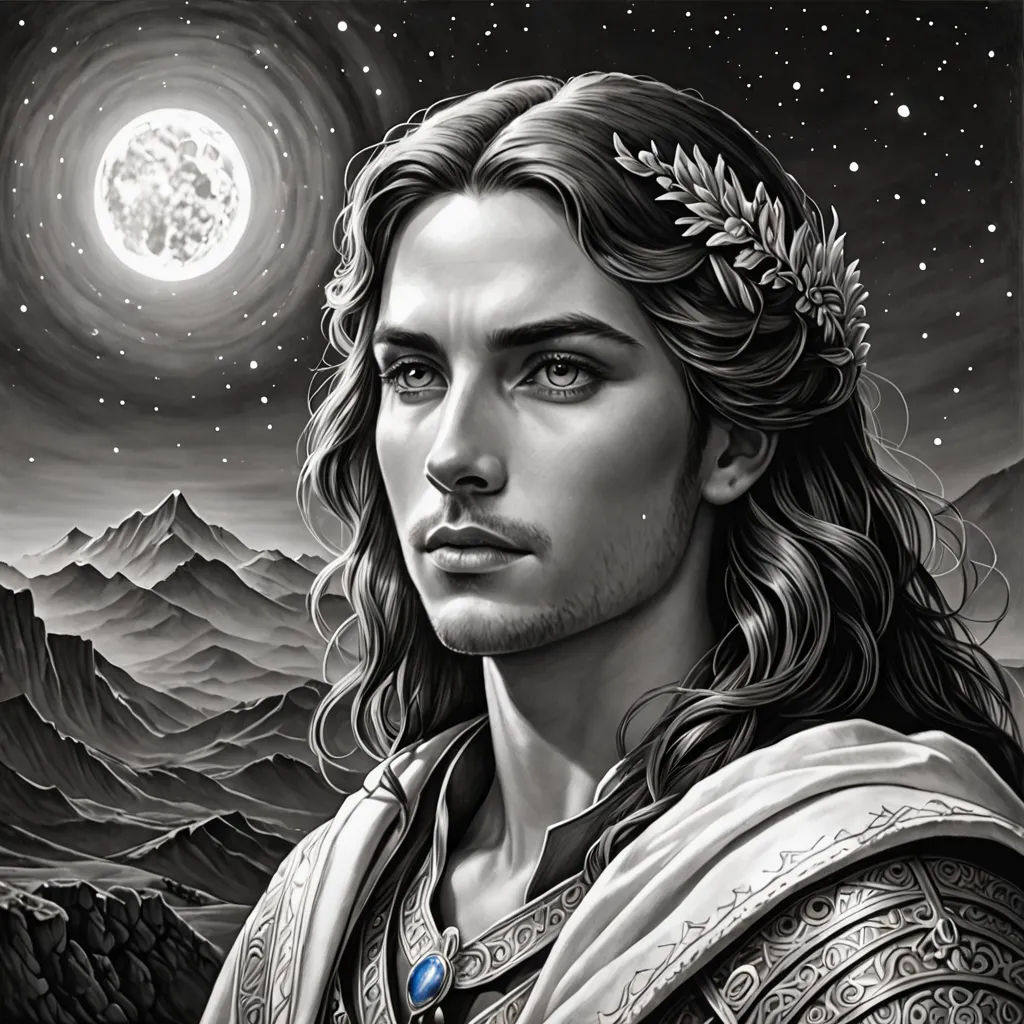 a man with long hair and a crown on his head in front of a mountain and moon sky with stars, fantasy art, a character portrait, Donato Giancola, epic fantasy character art
