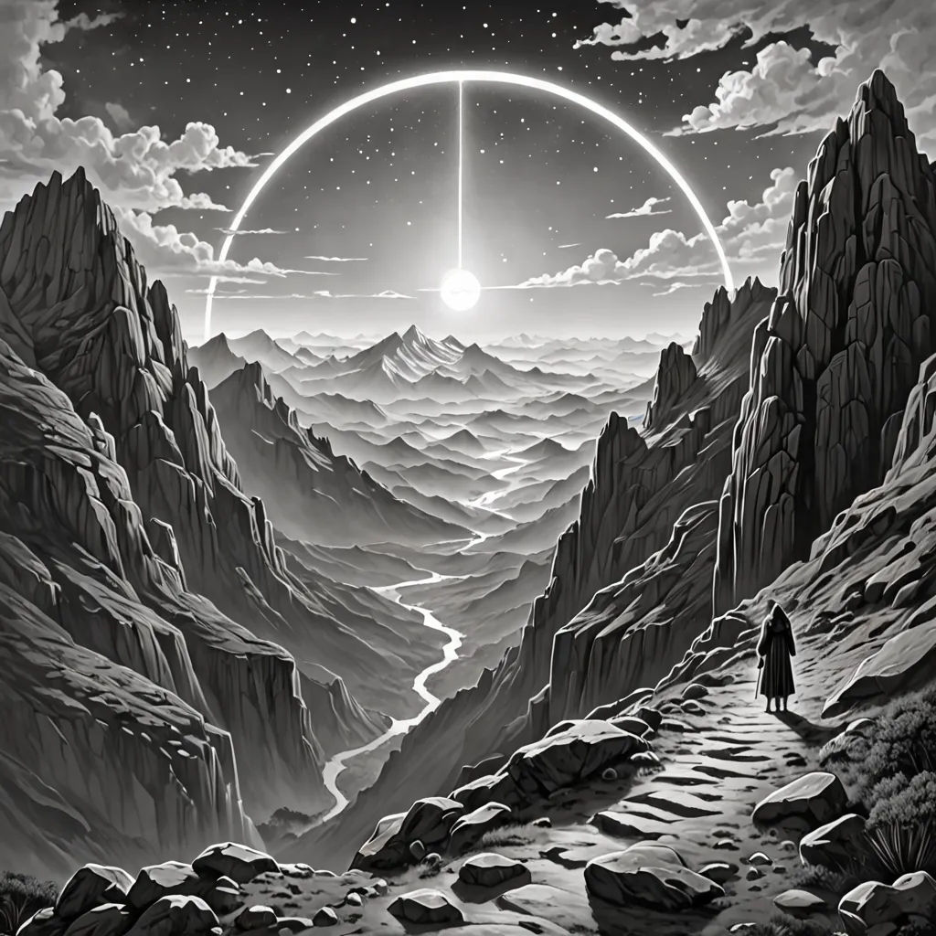 a man walking down a mountain covered in snow under a moon filled sky with a ring in the middle, precisionism, an ultrafine detailed painting, Dan Hillier, liminal